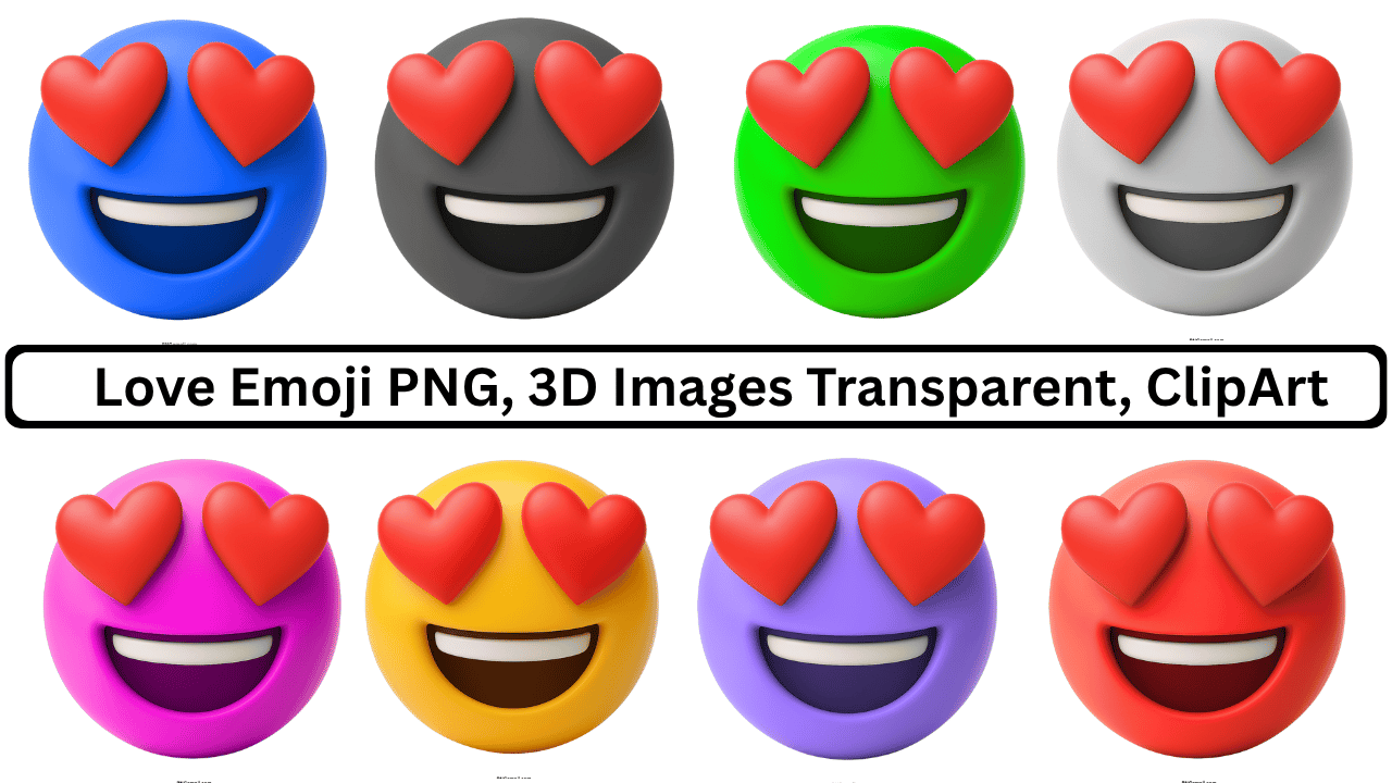 A collection of colorful 3D heart-eyes emojis, including red, yellow, green, blue, pink, purple, gray, and white, with transparent backgrounds.