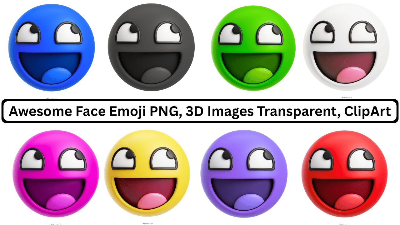 Collection of colorful 3D "Awesome Face" emojis, including blue, grey, green, white,