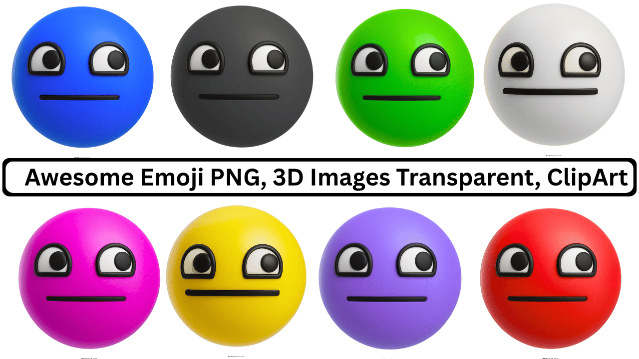 Collection of colorful 3D "Awesome Face" neutral emojis, including blue, grey, green, white, pink, yellow, purple, and red.