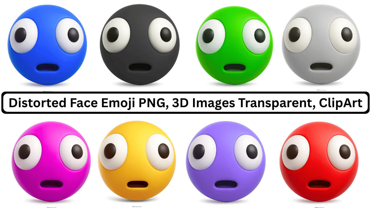 Collection of colorful 3D distorted face emojis with wide, surprised eyes.
