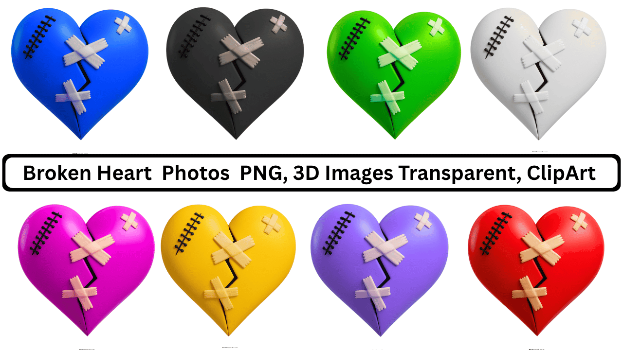 Collection of mended broken hearts in various colors: blue, black, green, white, pink, yellow, purple, and red, with bandages and stitches.