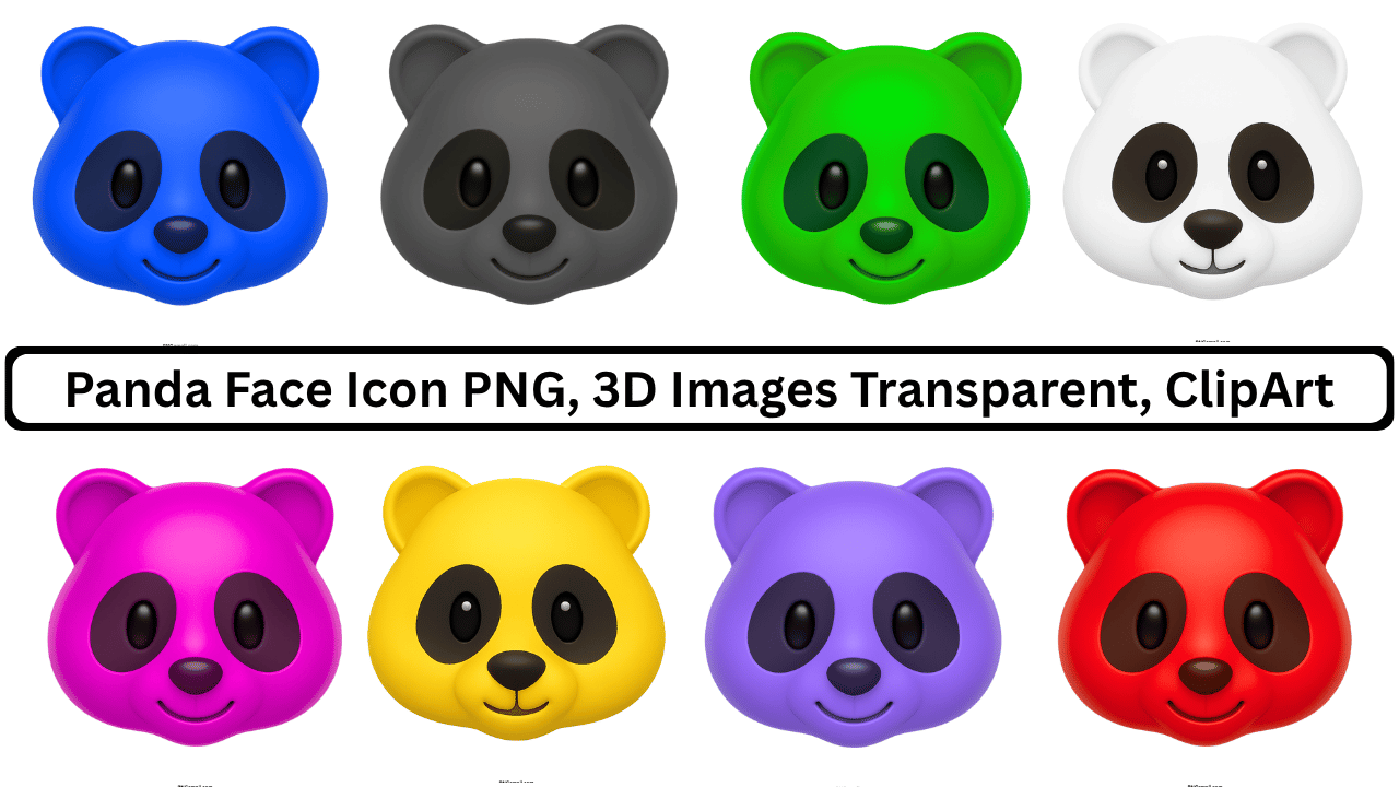 A collection of 3D panda face emojis in blue, gray, green, white, pink, yellow, purple, and red.