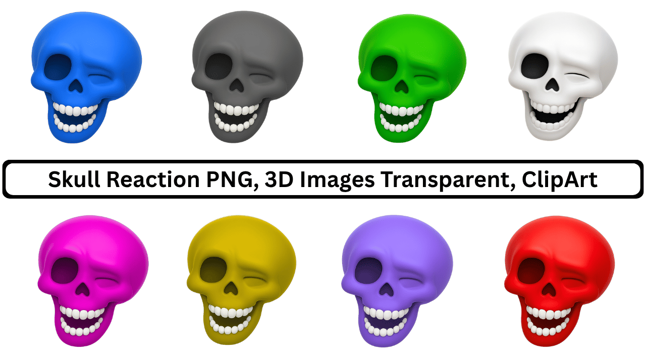 Collection of colorful winking and laughing skull emojis in 3D, including blue, grey, green, white, pink, yellow, purple, and red.