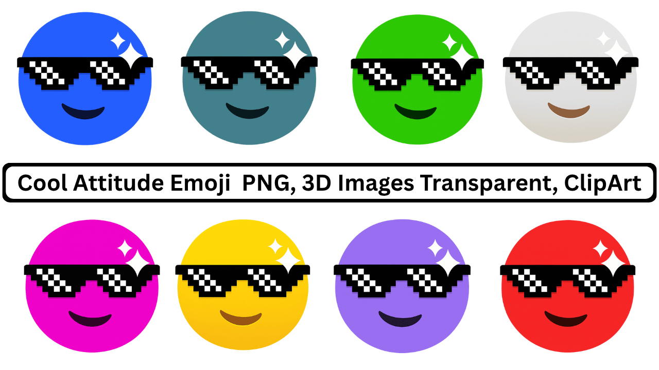 Collection of colorful cool attitude emojis with pixelated sunglasses, transparent background.