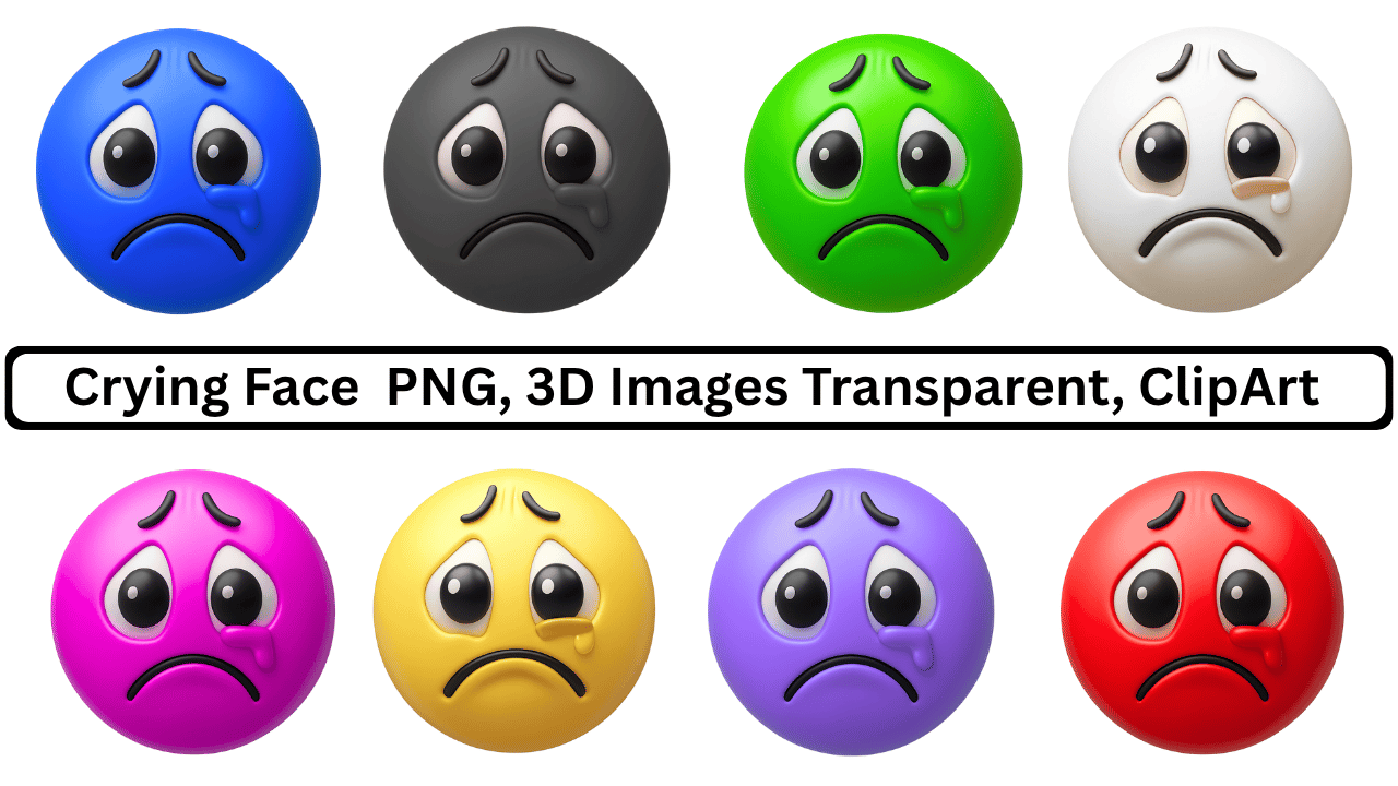 Collection of 3D crying face emojis in various colors: blue, grey, green, white, pink, yellow, purple, red.
