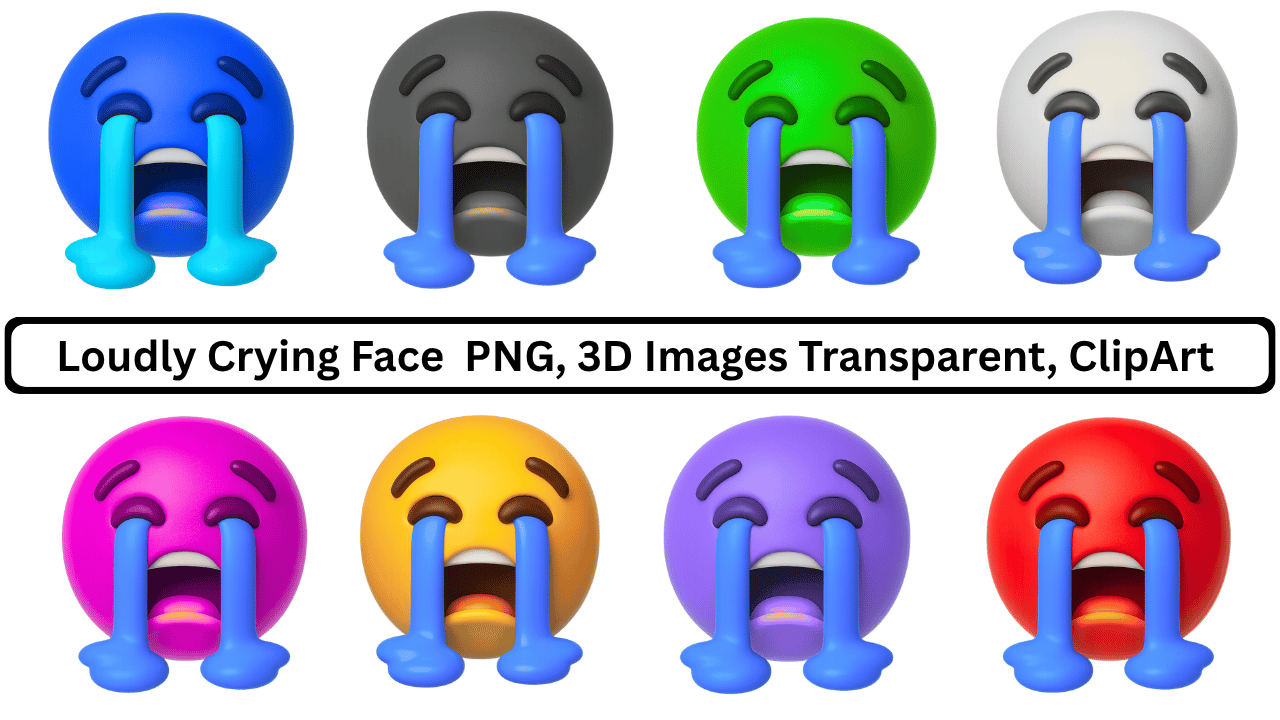 Collection of 3D loudly crying face emojis in various colors with streaming blue tears.