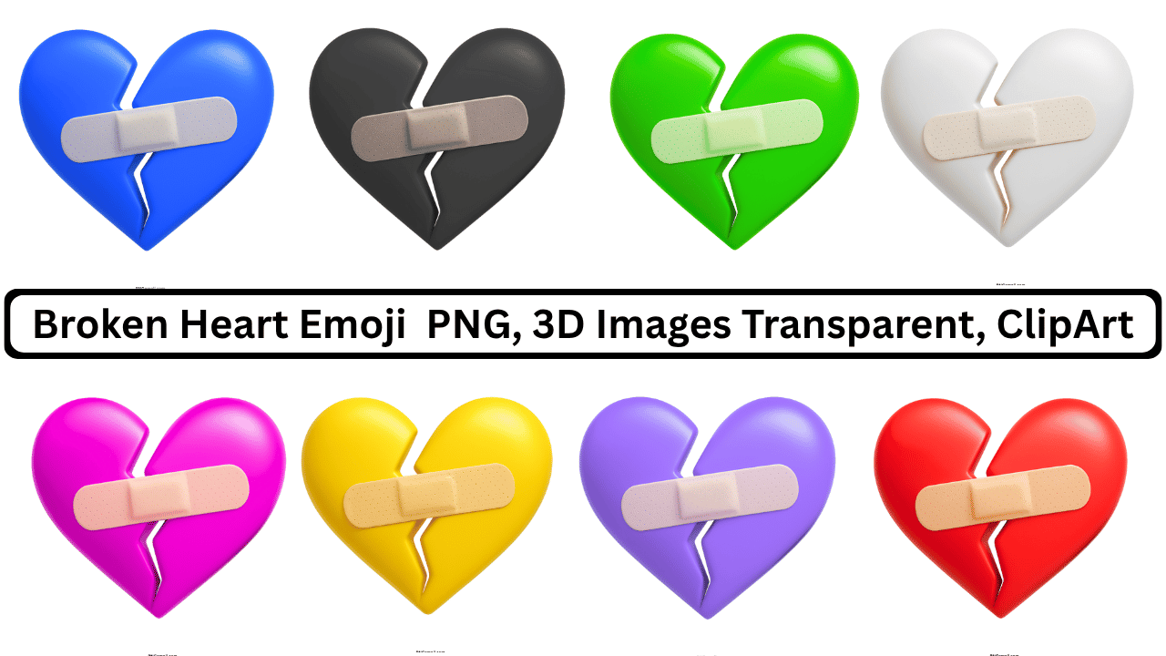 A collection of eight 3D broken hearts mended with bandages, in various colors, symbolizing healing after heartbreak.