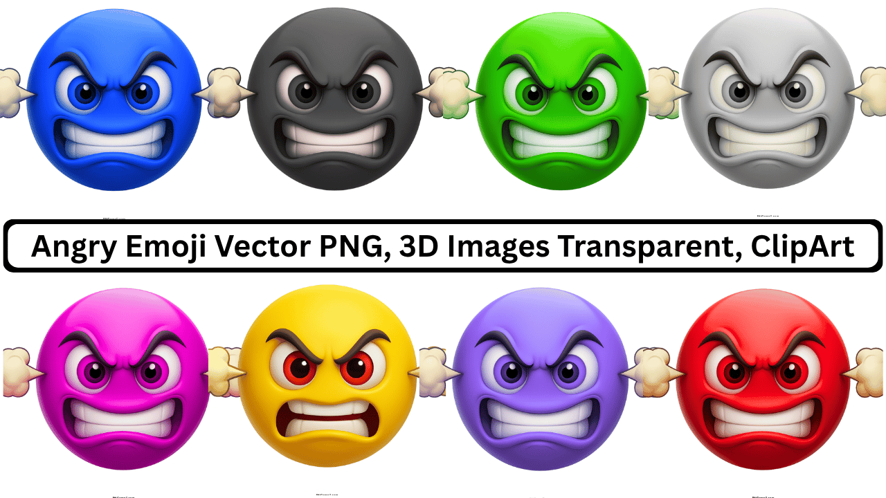 Collection of 3D angry emojis in various colors with gritted teeth and steam.