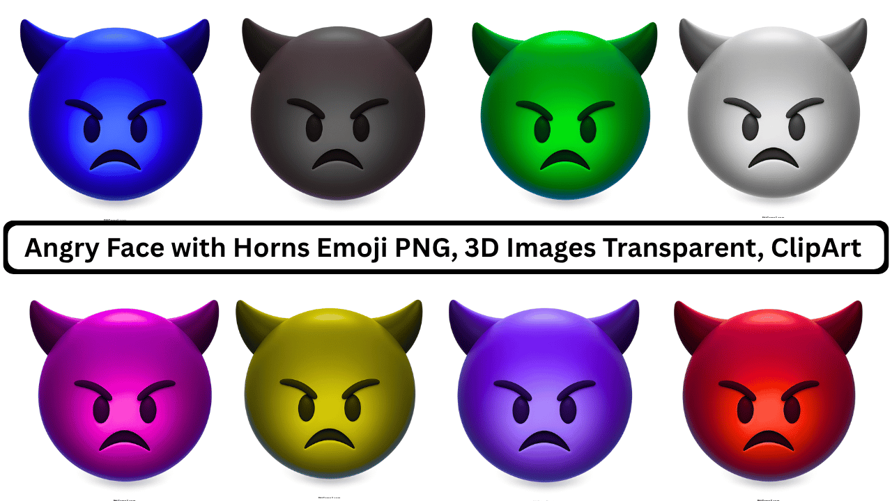 Collection of 3D angry devil face emojis in various colors with horns.