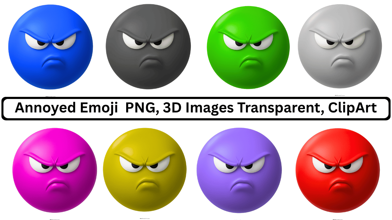 Collection of 3D annoyed emojis in blue, black, green, gray, pink, yellow, purple, and red.