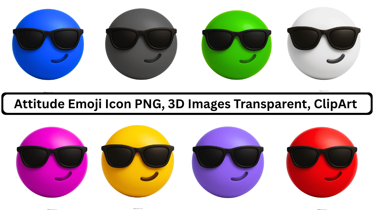 Collection of 3D emoji icons with sunglasses in blue, gray, green, white, pink, yellow, purple, and red, exuding attitude.