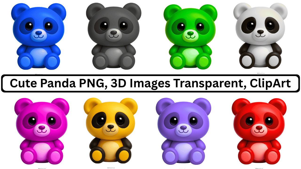 Collection of cute 3D panda teddy bears in blue, gray, green, white, pink, yellow, purple, and red.