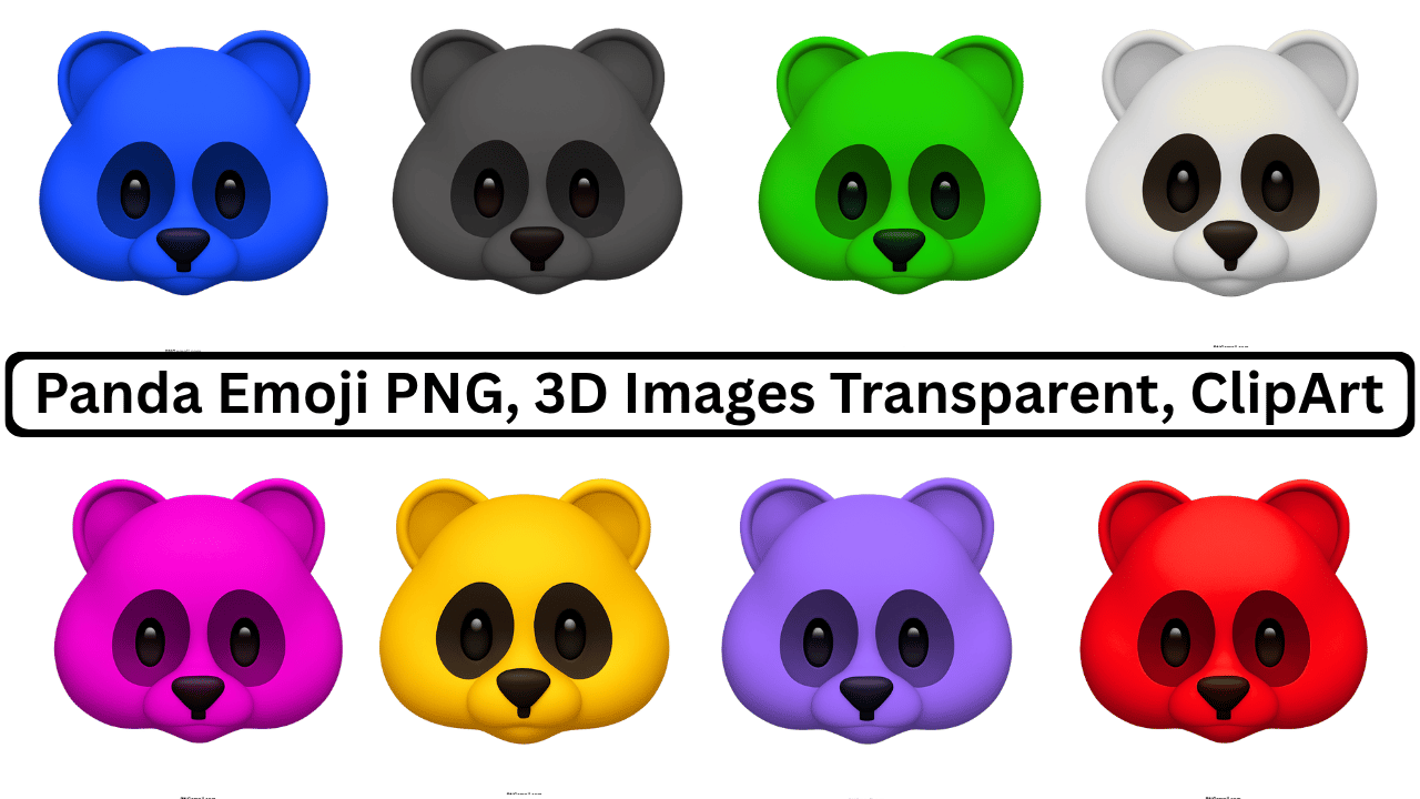 Collection of stylized 3D panda emojis in blue, gray, green, white, pink, yellow, purple, and red.