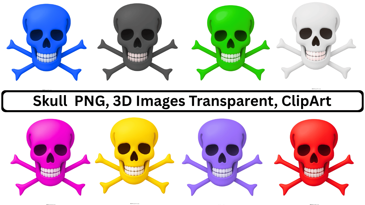 Collection of stylized 3D skull and crossbones in blue, gray, green, white, pink, yellow, purple, and red.
