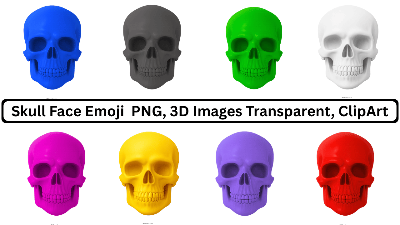 Collection of 3D skull faces in blue, gray, green, white, pink, yellow, purple, and red.