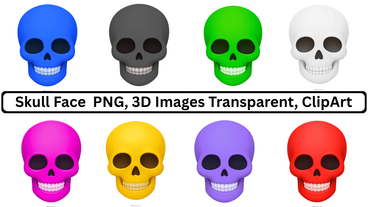 Collection of stylized 3D skull faces in blue, gray, green, white, pink, yellow, purple, and red.