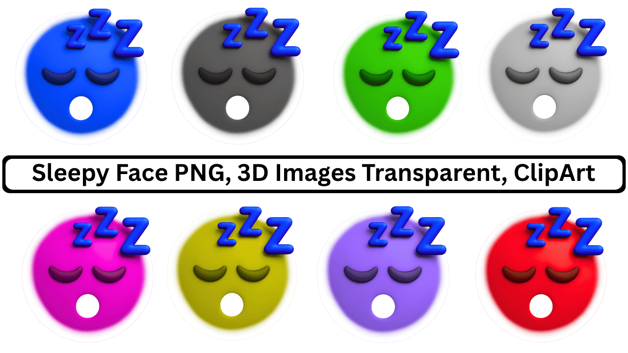 Collection of 3D sleepy face emojis in various colors with Zzz symbols.