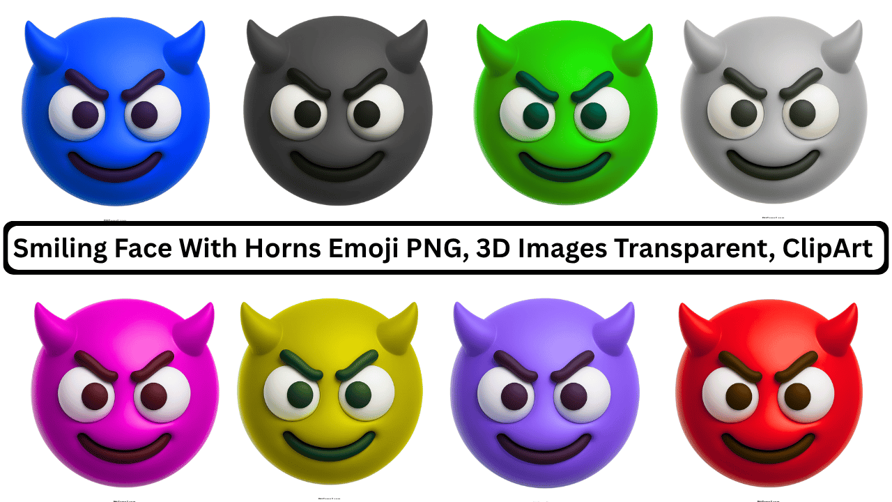Collection of colorful smiling face with horns emojis, 3D and transparent.