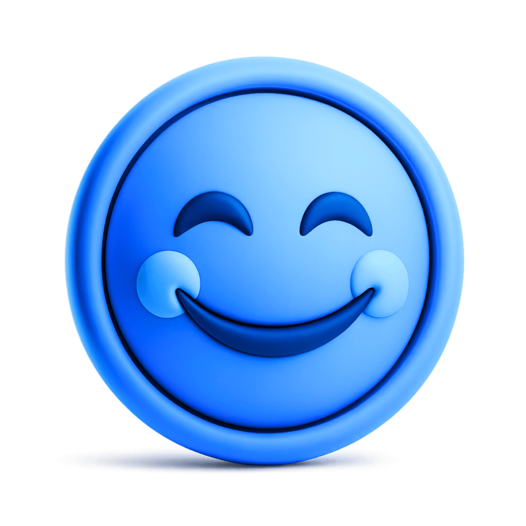 A 3D blue smiling face emoji with closed eyes and rosy cheeks, showing happiness.