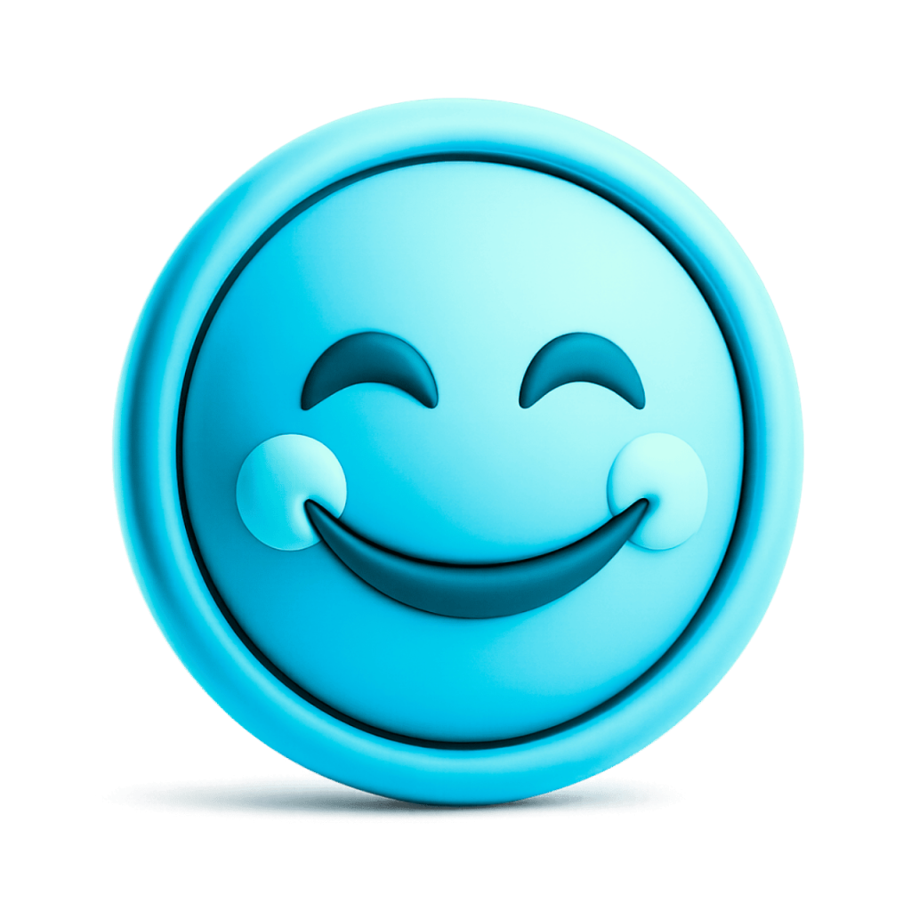 A 3D cyan smiling face emoji with closed eyes and rosy cheeks, showing calm happiness.