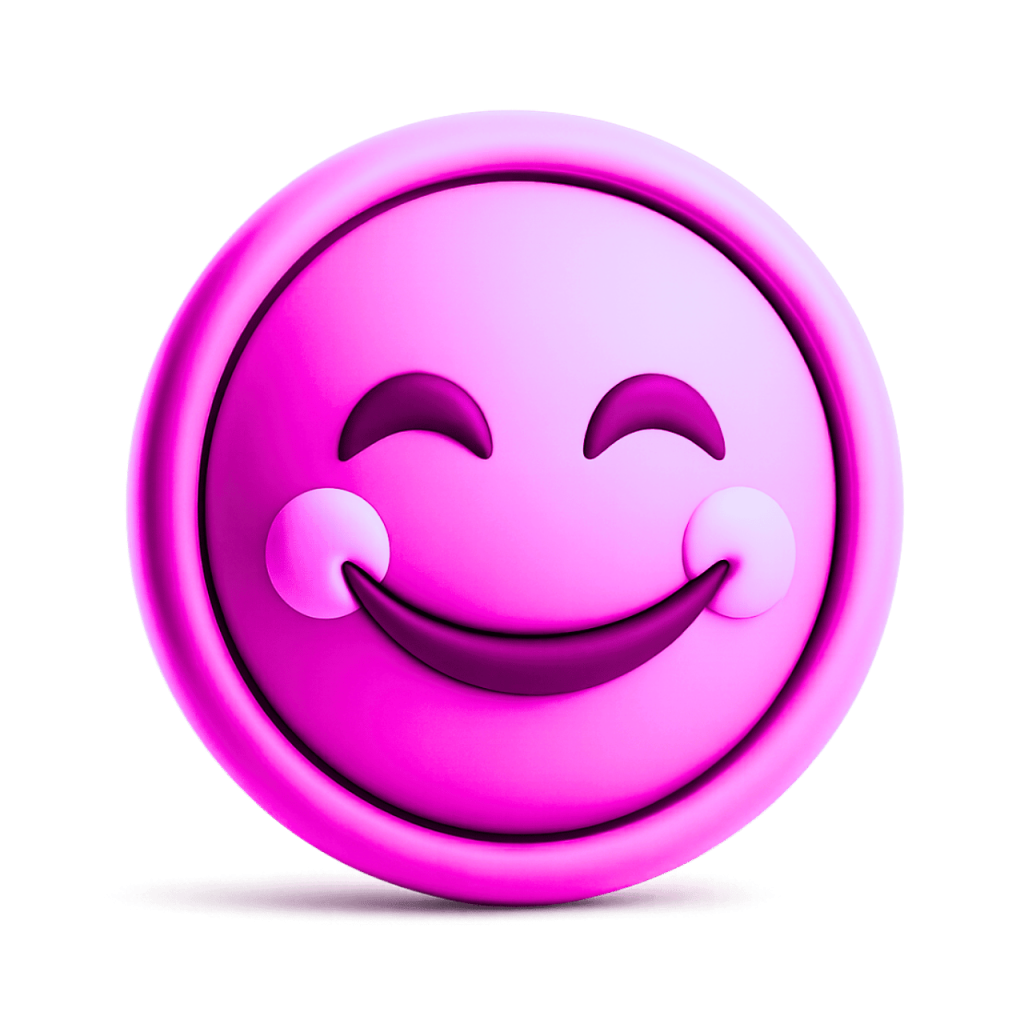 A 3D fuchsia smiling face emoji with closed eyes and rosy cheeks, showing playful happiness.