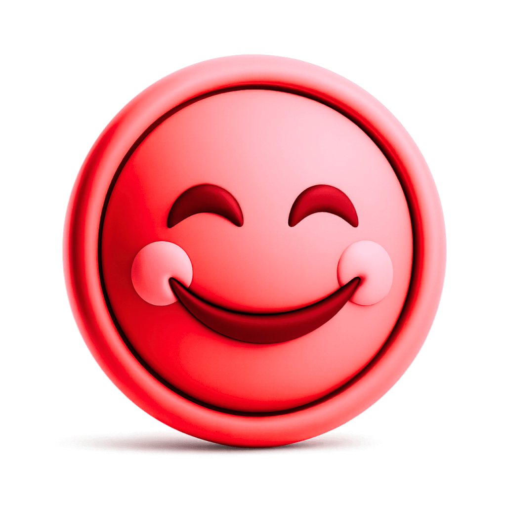 A 3D red smiling face emoji with closed eyes and rosy cheeks, showing enthusiastic happiness.