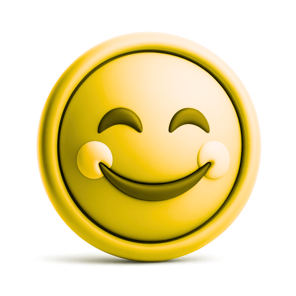 A 3D yellow smiling face emoji with closed eyes and rosy cheeks, showing cheerful happiness.