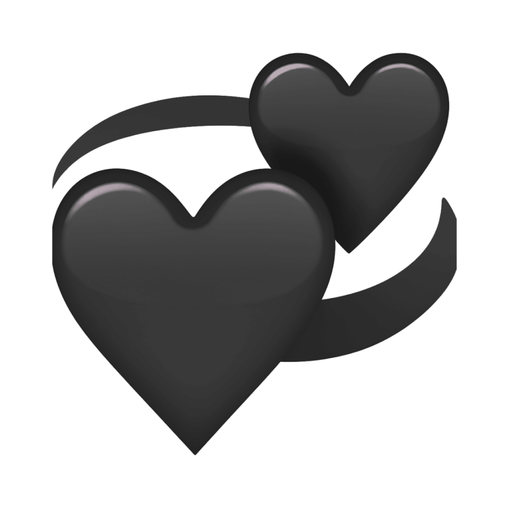 Two dark grey hearts rotating with a dark swirling line, symbolizing deep or complex emotions.