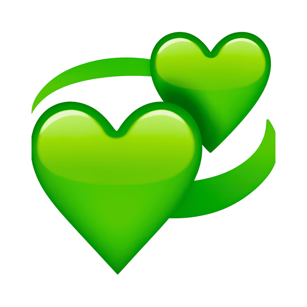 Two vibrant green hearts rotating, connected by a green swirling line on a black background.