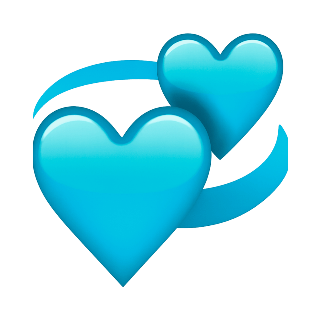 Two serene light blue hearts rotating, connected by a light blue swirling line on a black background.