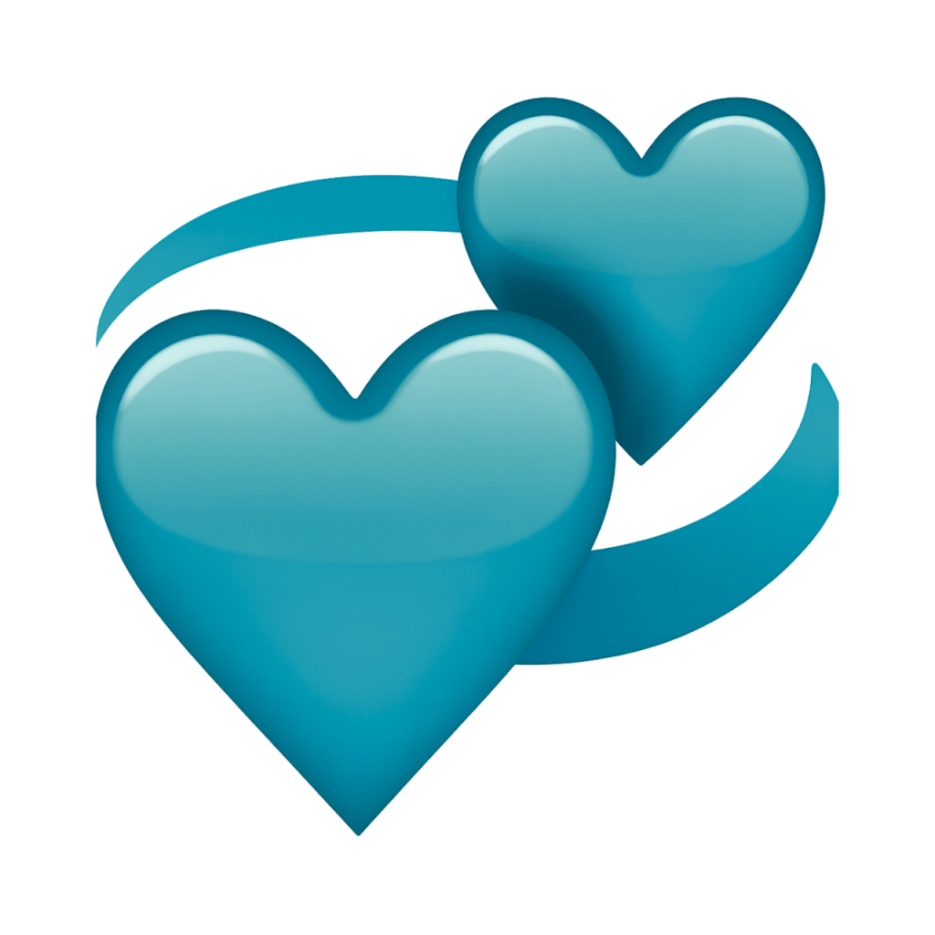 Two vibrant teal hearts rotating, connected by a teal swirling line on a black background.
