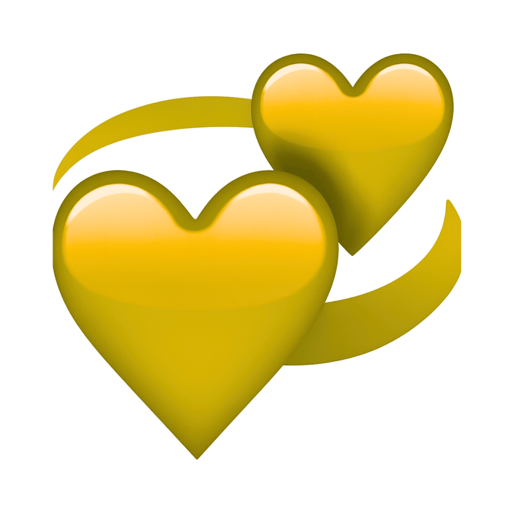 Two bright yellow hearts rotating, connected by a yellow swirling line on a black background.