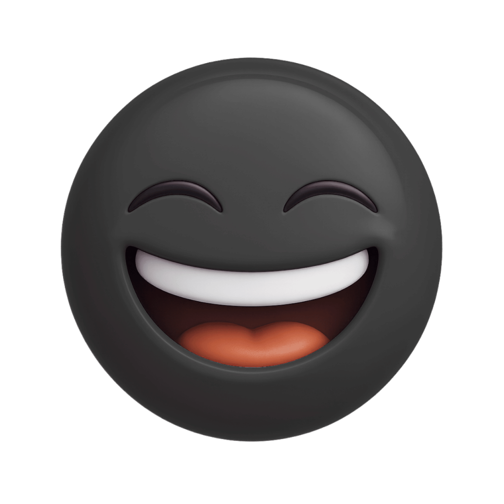 Black joyful face emoji laughing with closed eyes and wide smile, expressing happiness.