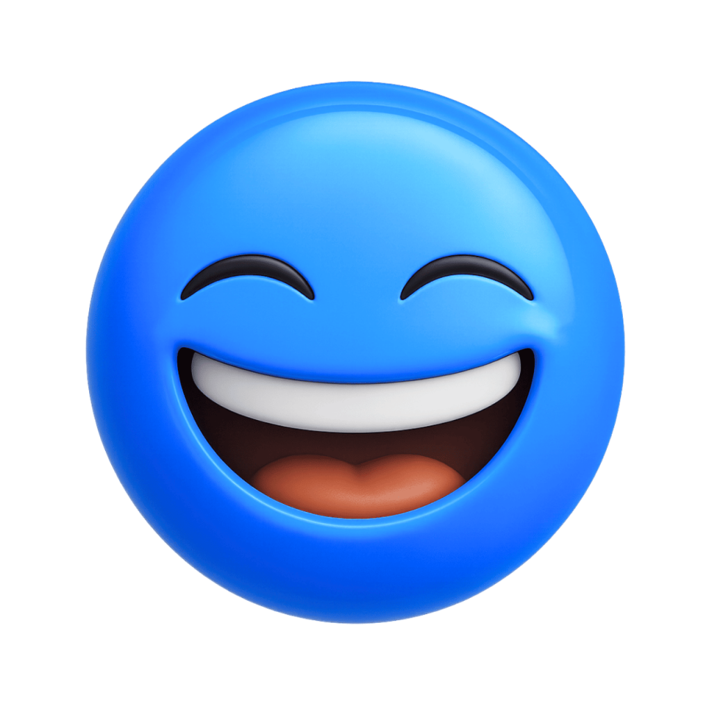 Blue joyful face emoji laughing with closed eyes and wide smile, expressing happiness.