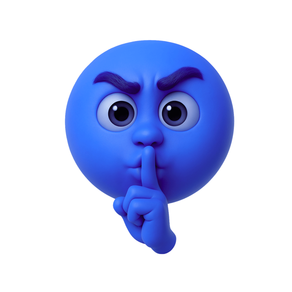 3D rendered blue shushing face emoji with finger on lips, expressive
