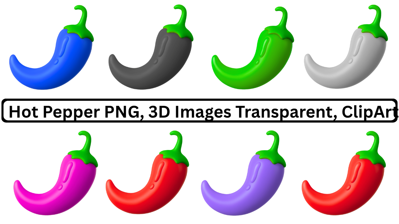 Collection of colorful 3D rendered hot peppers in various hues, transparent background