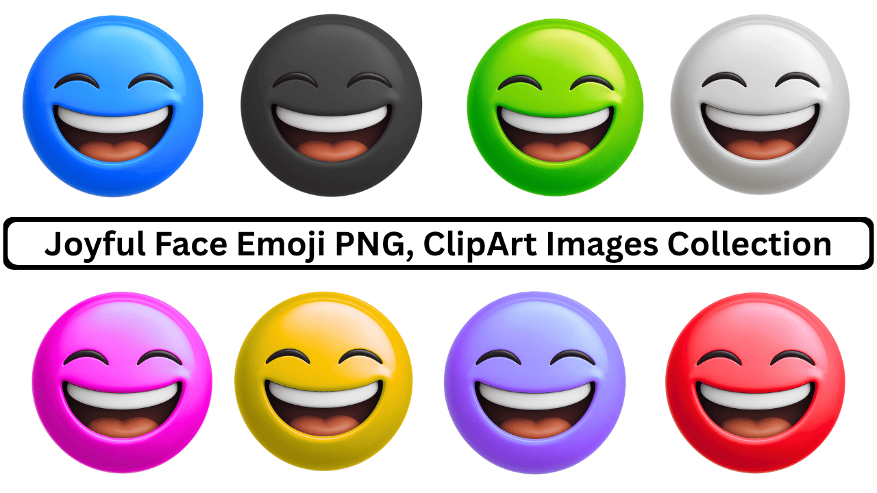 Collection of colorful joyful face emojis (blue, black, green, white, pink, yellow, purple, red).
