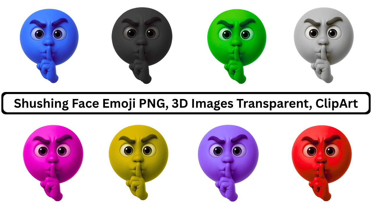 Collection of colorful 3D shushing face emojis with finger on lips