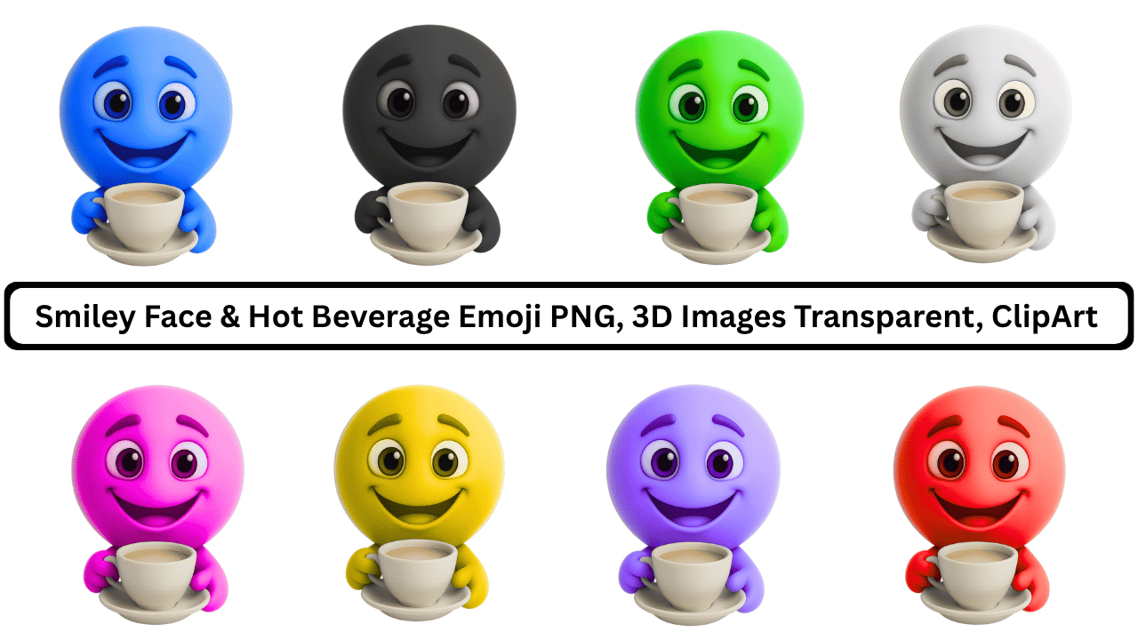 Collection of colorful 3D smiley face emojis holding coffee cups, transparent