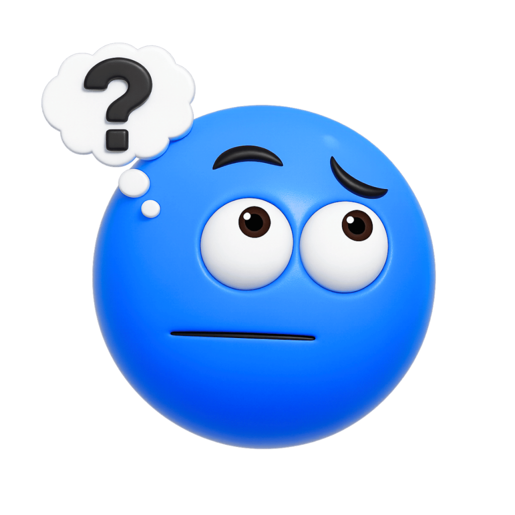 A blue emoji with a confused expression and a question mark in a thought bubble.