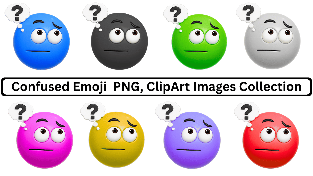 Collection of confused emojis in blue, black, green, white, pink, yellow, purple, and red.