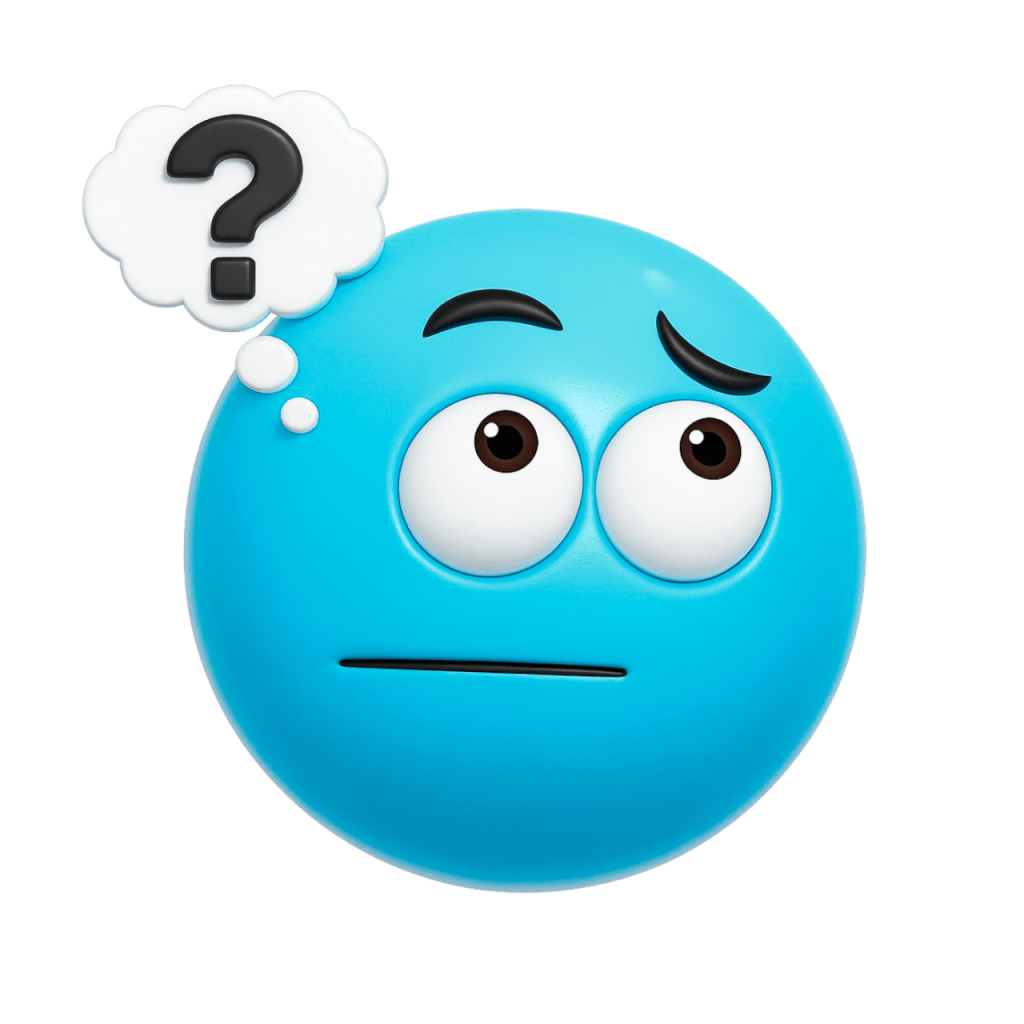 A light blue emoji with a confused expression and a question mark in a thought bubble.