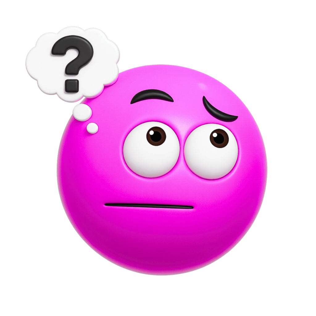 A magenta emoji with a confused expression and a question mark in a thought bubble.