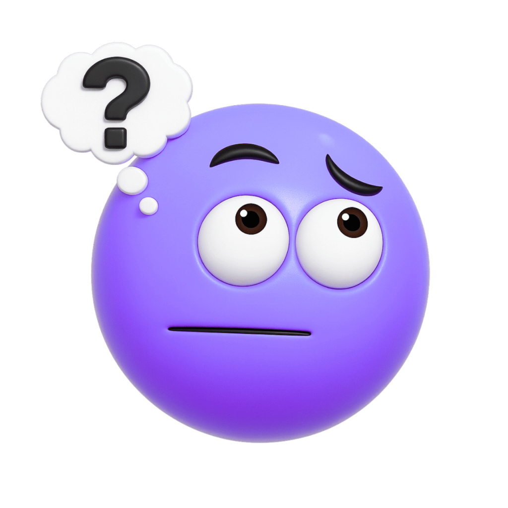 A purple emoji with a confused expression and a question mark in a thought bubble.