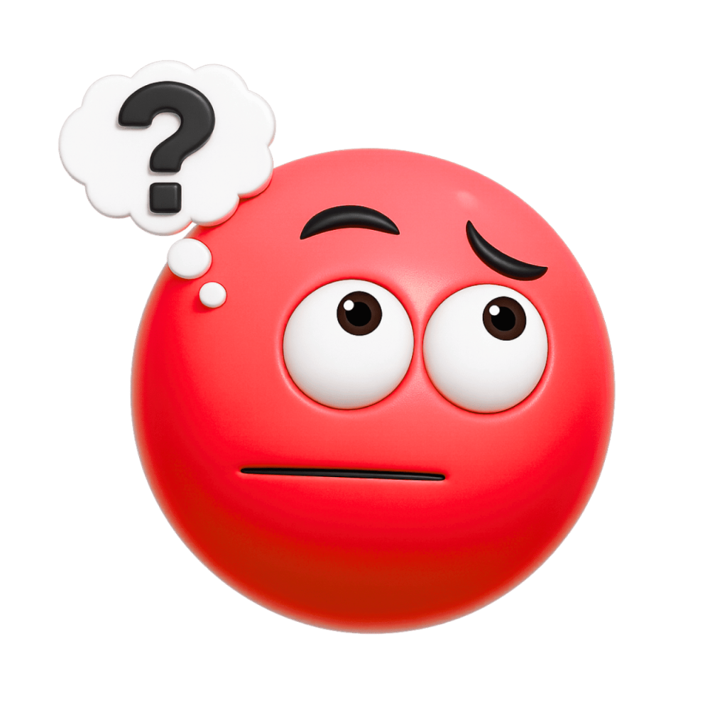 A red emoji with a confused expression and a question mark in a thought bubble.