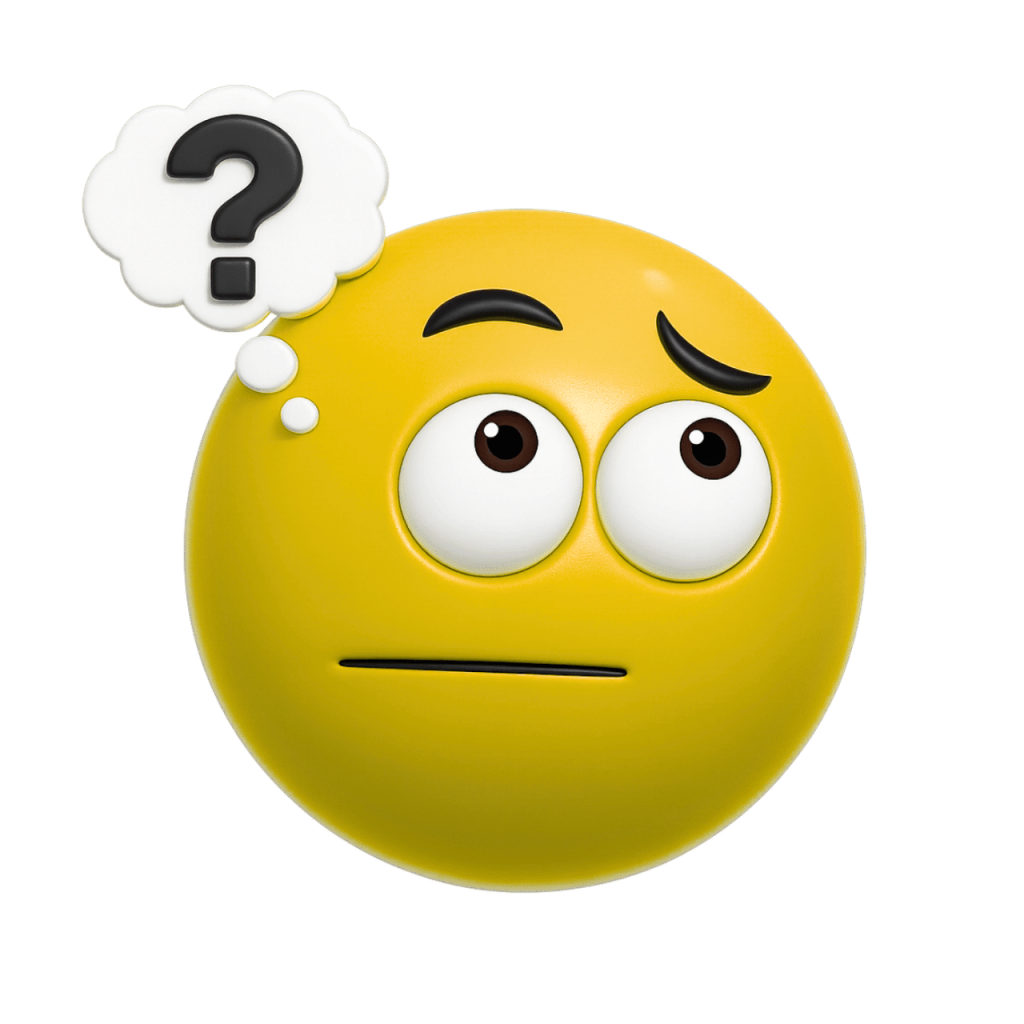 A yellow emoji with a confused expression and a question mark in a thought bubble.