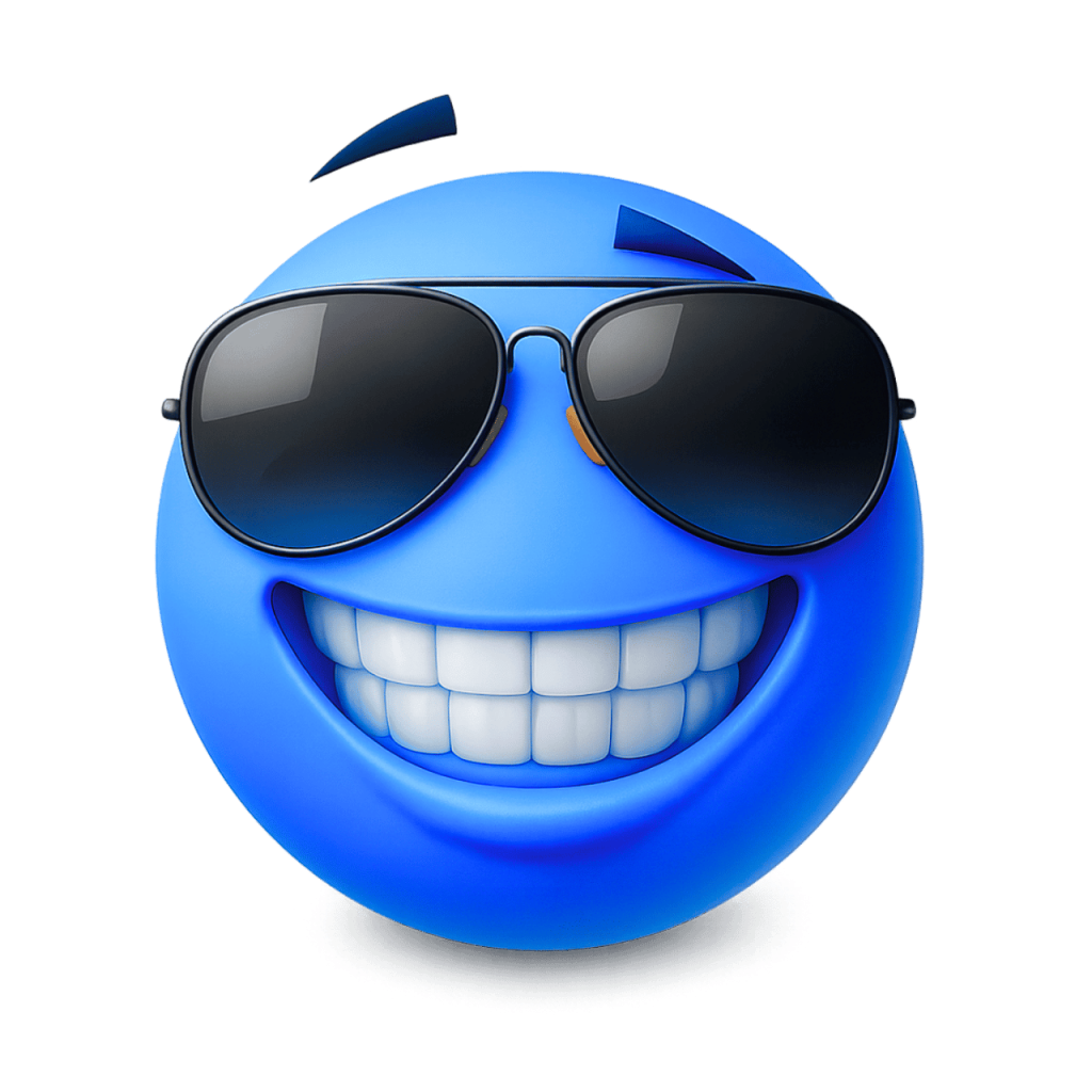 A cool blue emoji wearing sunglasses with a wide, confident grin.