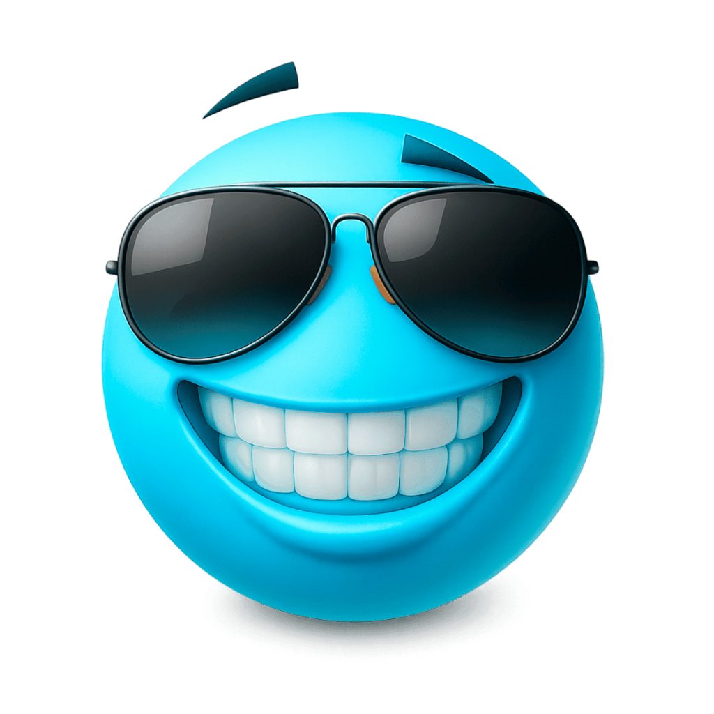 A cool cyan emoji wearing sunglasses with a wide, confident grin.