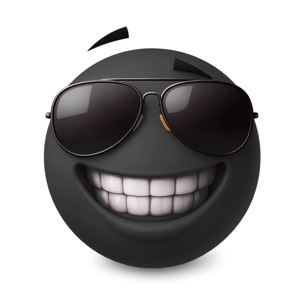 A cool dark gray emoji wearing sunglasses with a wide, confident grin.