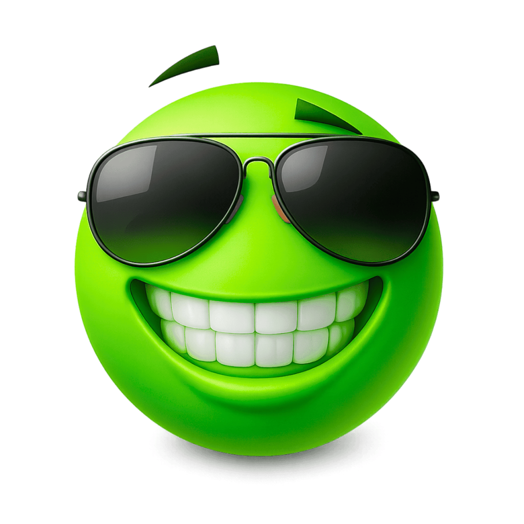 A cool green emoji wearing sunglasses with a wide, confident grin.